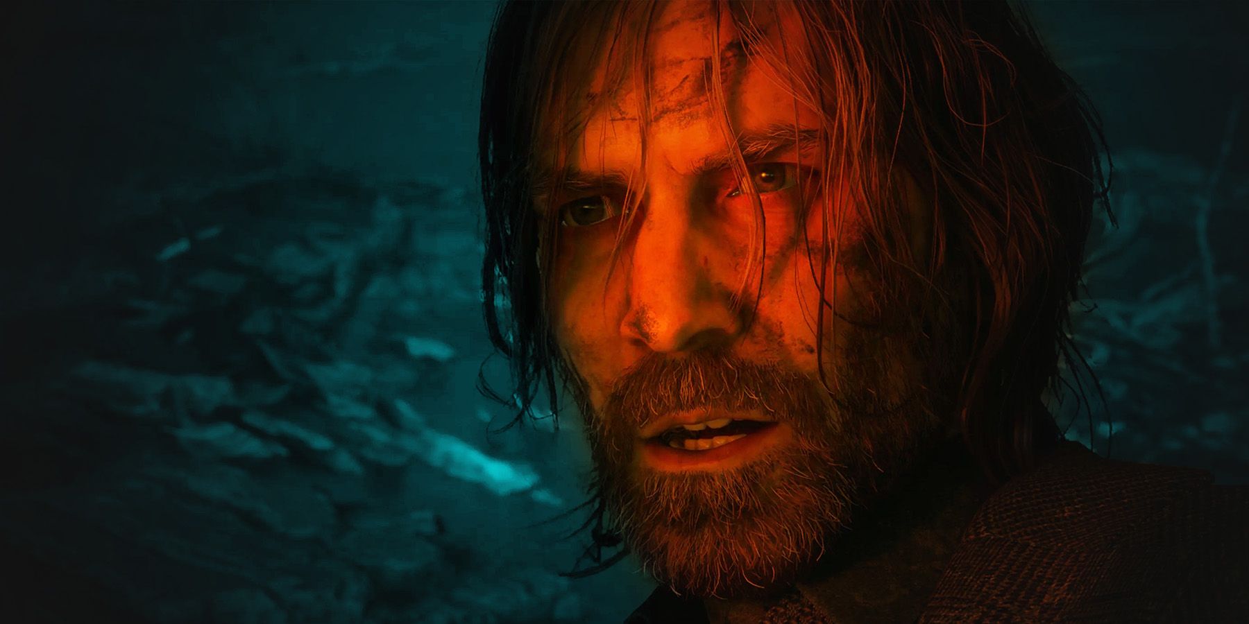 Alan Wake 2 surprised-looking protagonist close-up crop blue tinted background