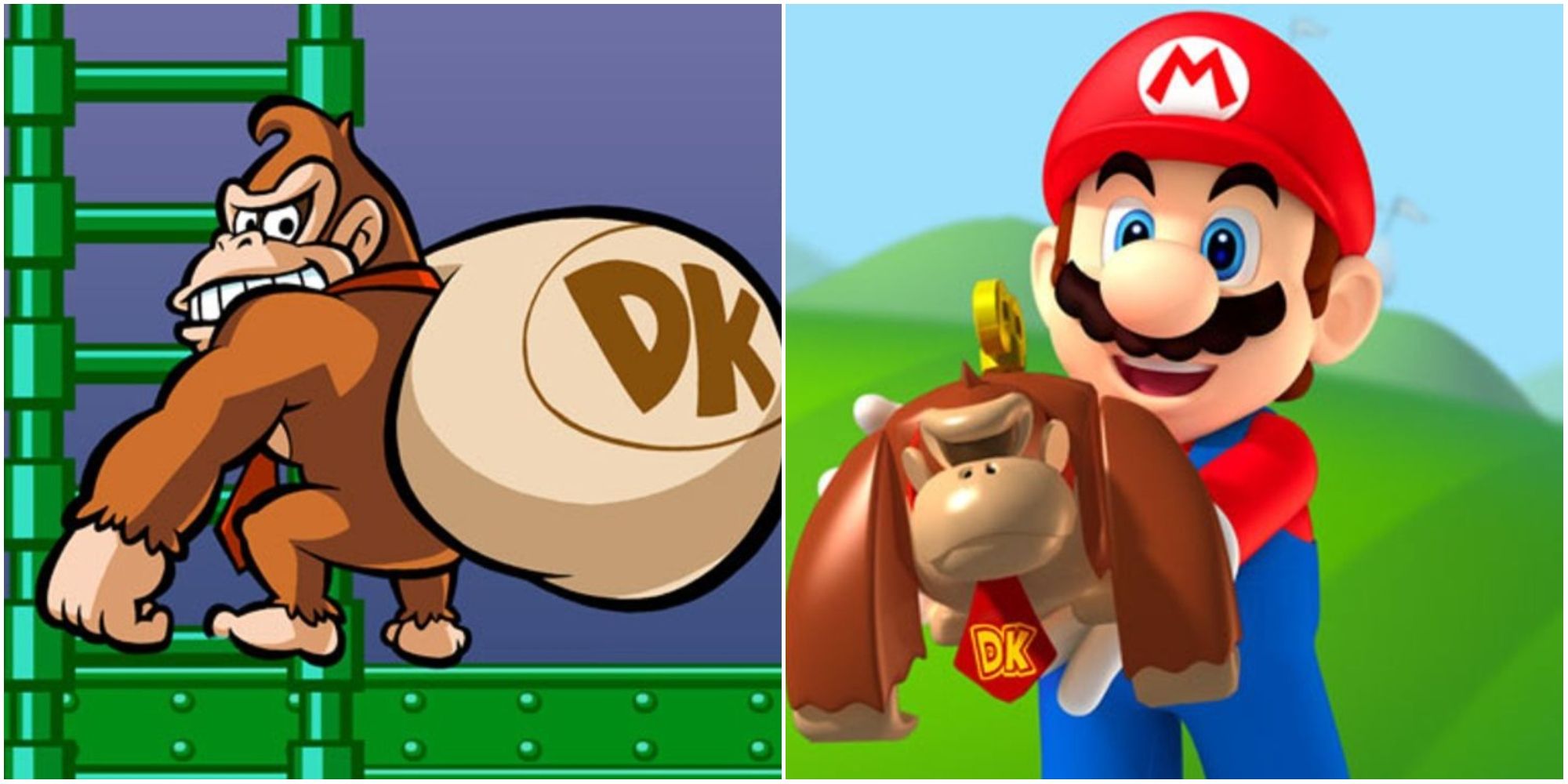 Donkey Kong with a sack of toys and Mario holding a DK wind-up toy