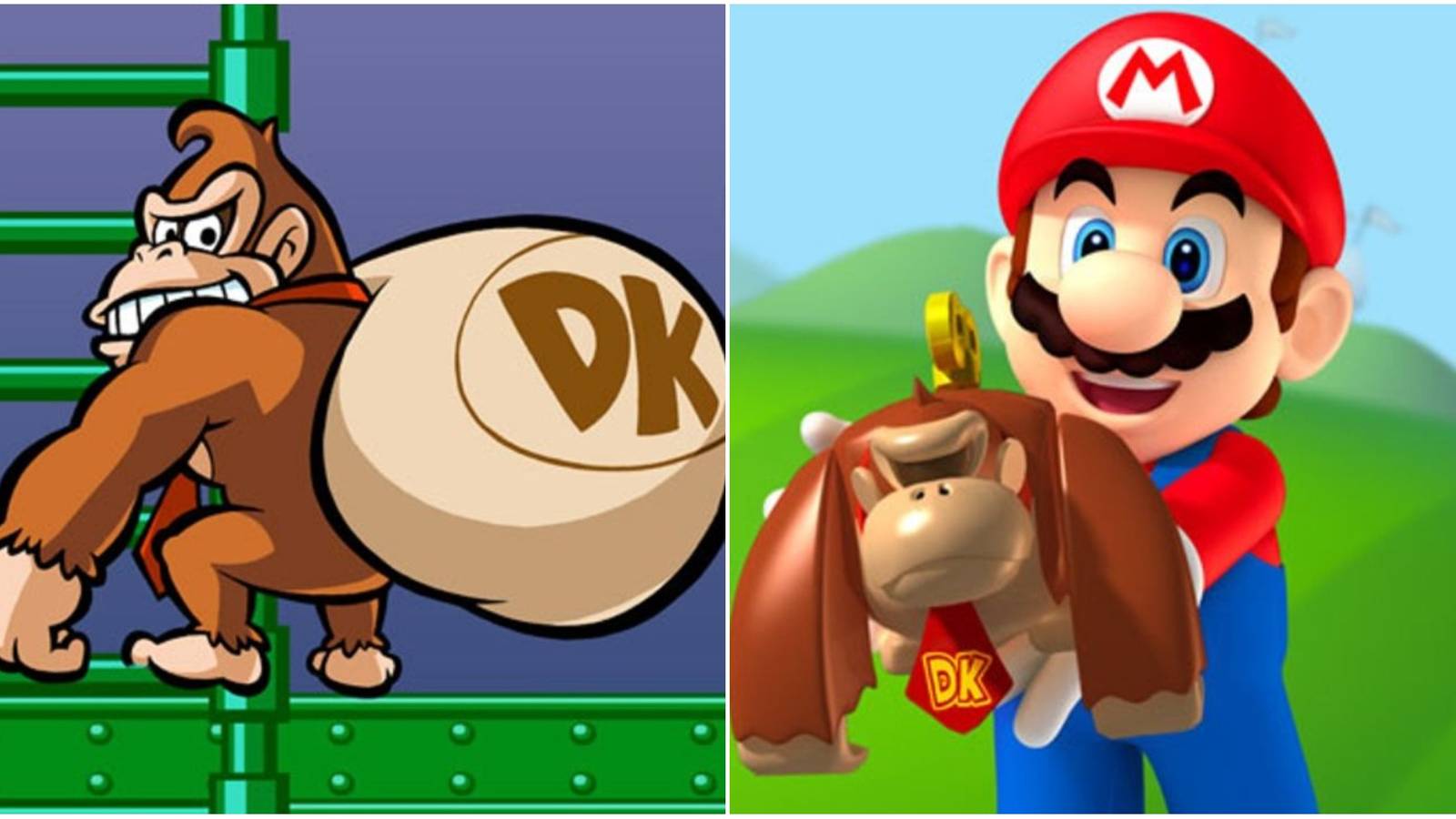 Donkey Kong with a sack of toys and Mario holding a DK wind-up toy
