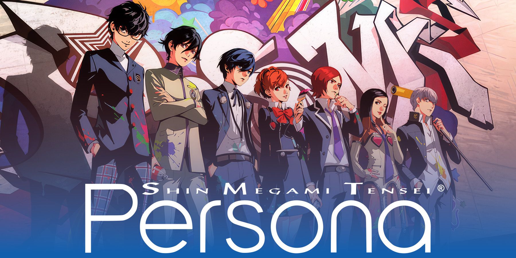 All Persona series protagonists artwork behind white Persona 1 PSP logo