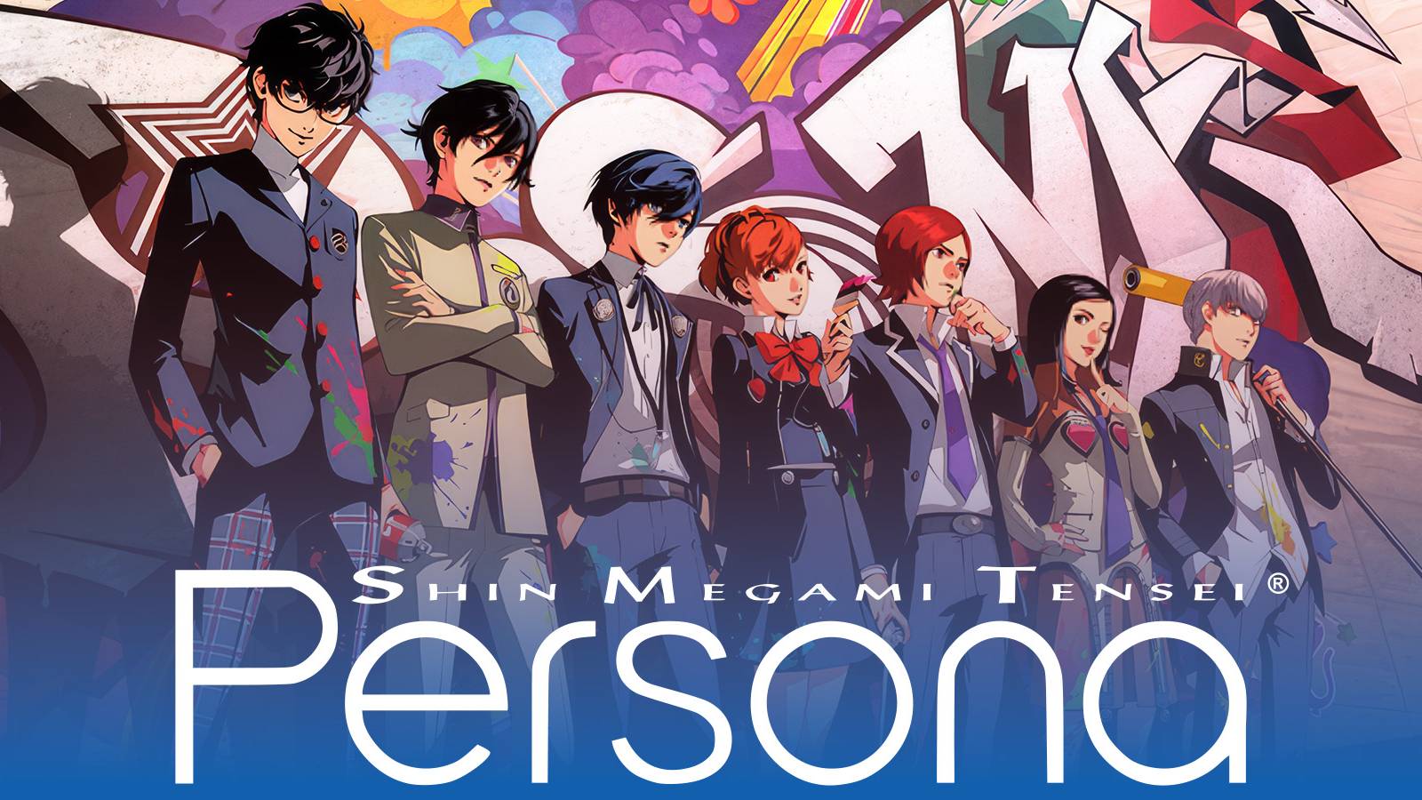 All Persona series protagonists artwork behind white Persona 1 PSP logo