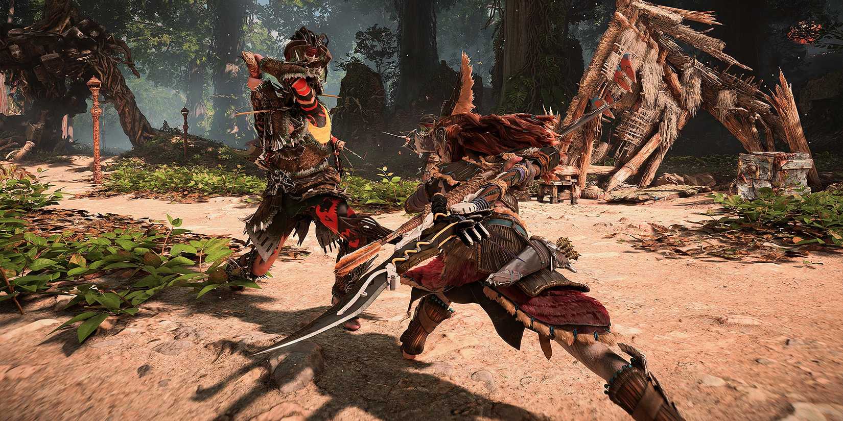 Aloy fighting a human NPC with her spear in Horizon Forbidden West