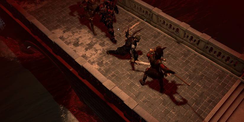 Hooded and cloaked character fighting enemies on bridge Path of Exile