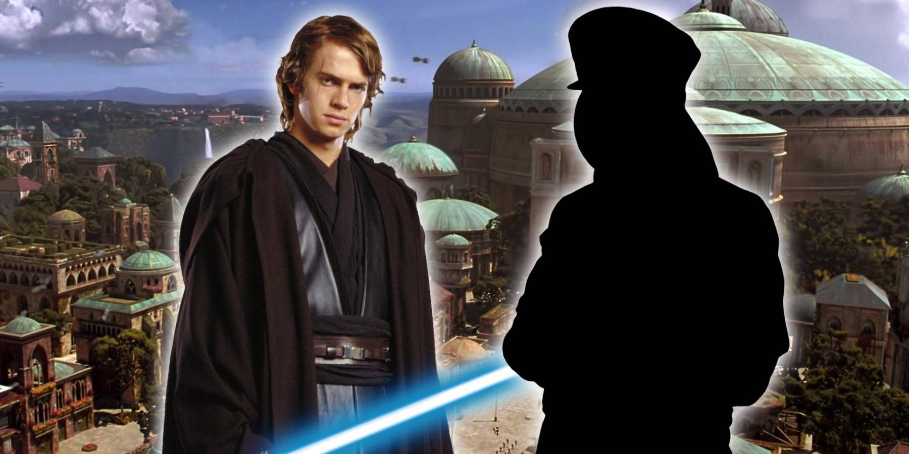 Anakin Skywalker and a silhouette of Captain Quarsh Panaka from Star Wars over a backdrop of the planet Naboo