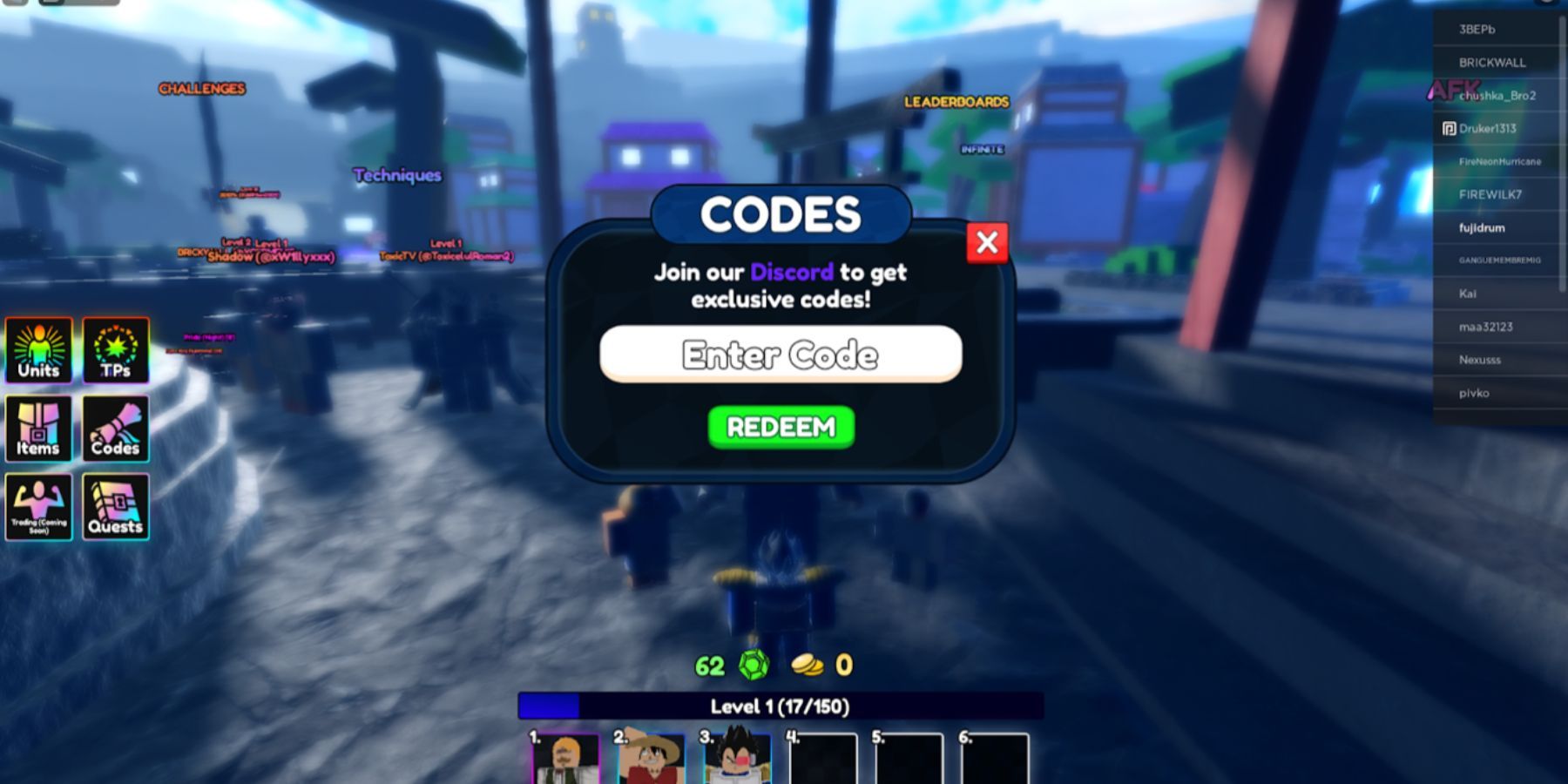 Anime Last Stand: the codes tab