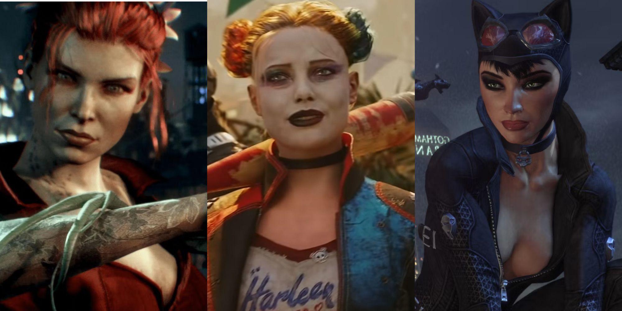 A split image of the Arkhamverse versions of Poison Ivy, Harley Quinn, and Catwoman