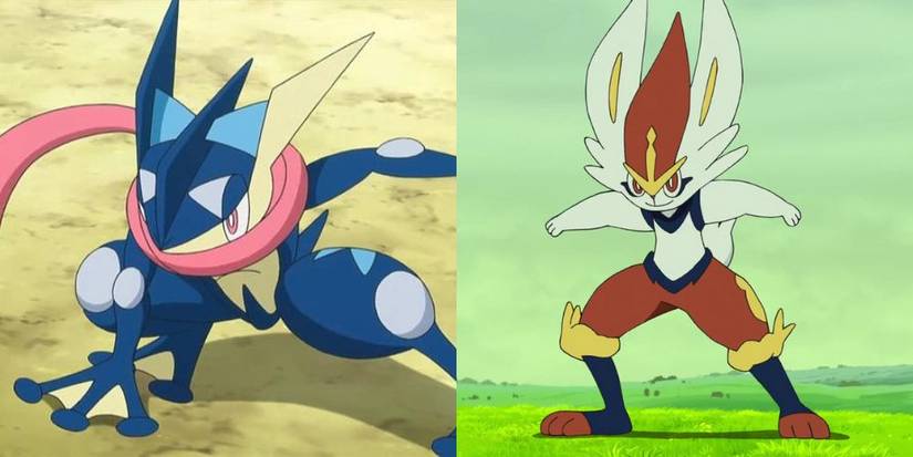 Ash's Greninja and Goh's Cinderace in the Pokemon anime.