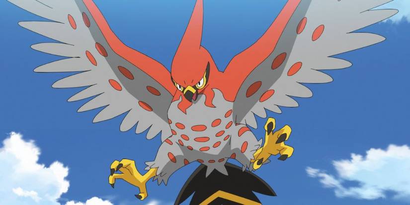 Ash's Talonflame flying in the Pokemon anime.