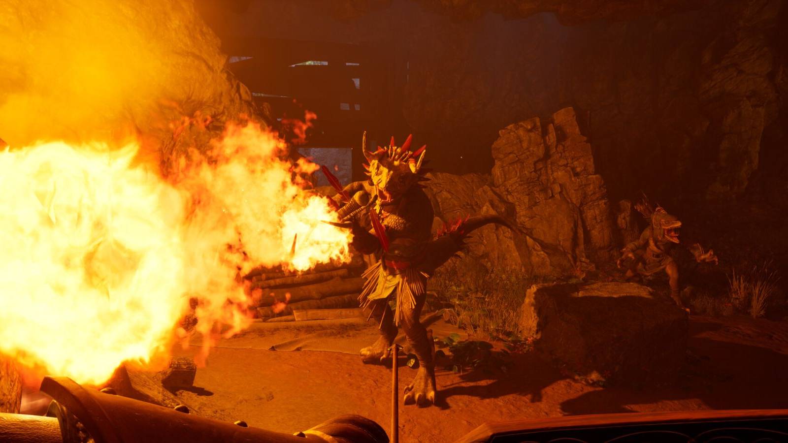 Avowed player fighting lizardman with bow fire