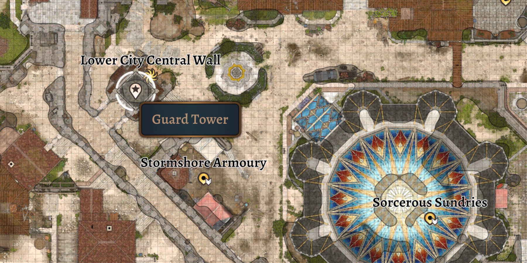 The map shows the Central Guard tower near the Lower City Central Wall fast travel