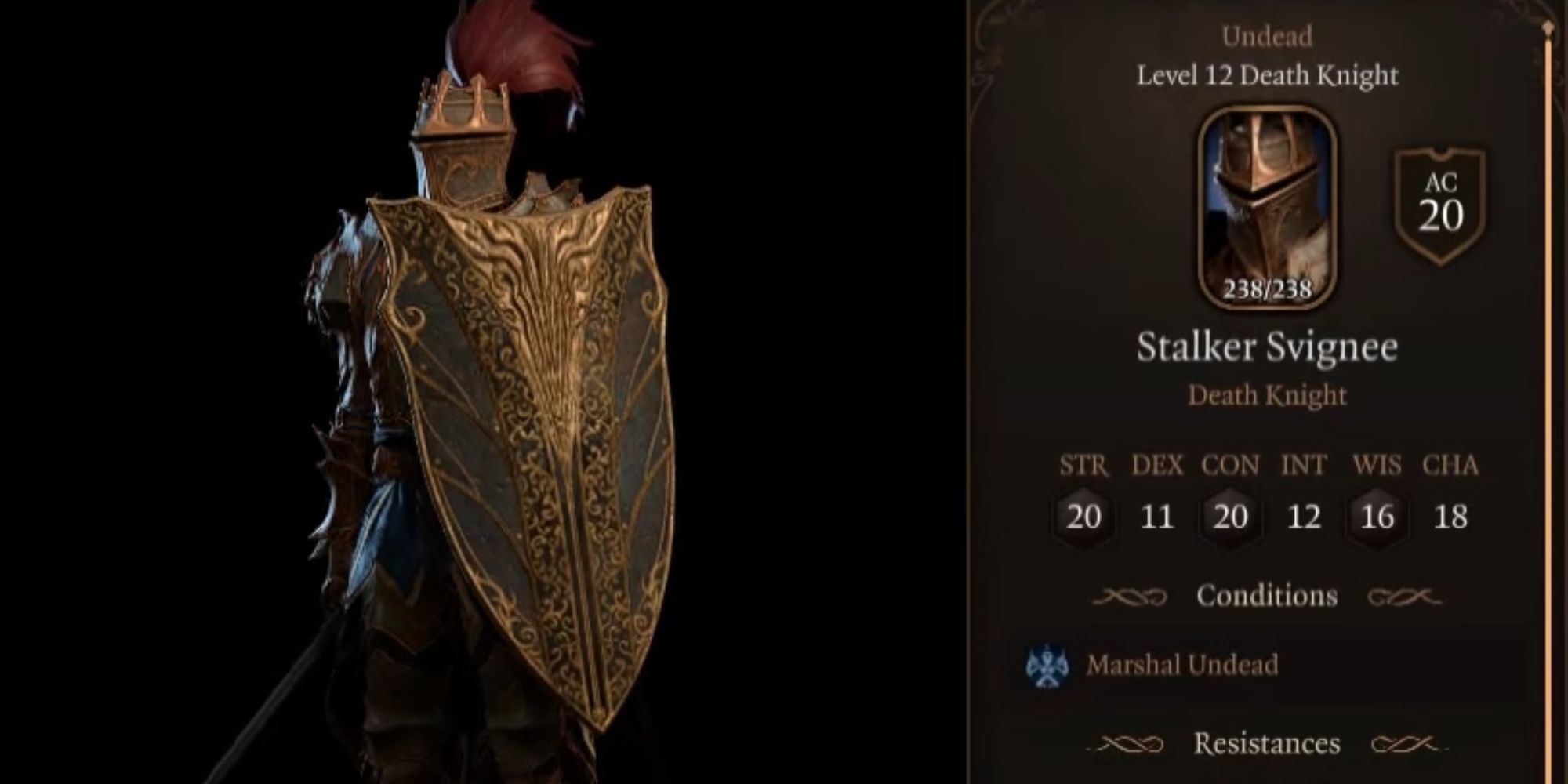 Baldur's Gate 3, In Game Stats And Image Of A Death Knight, Stalker Svignee