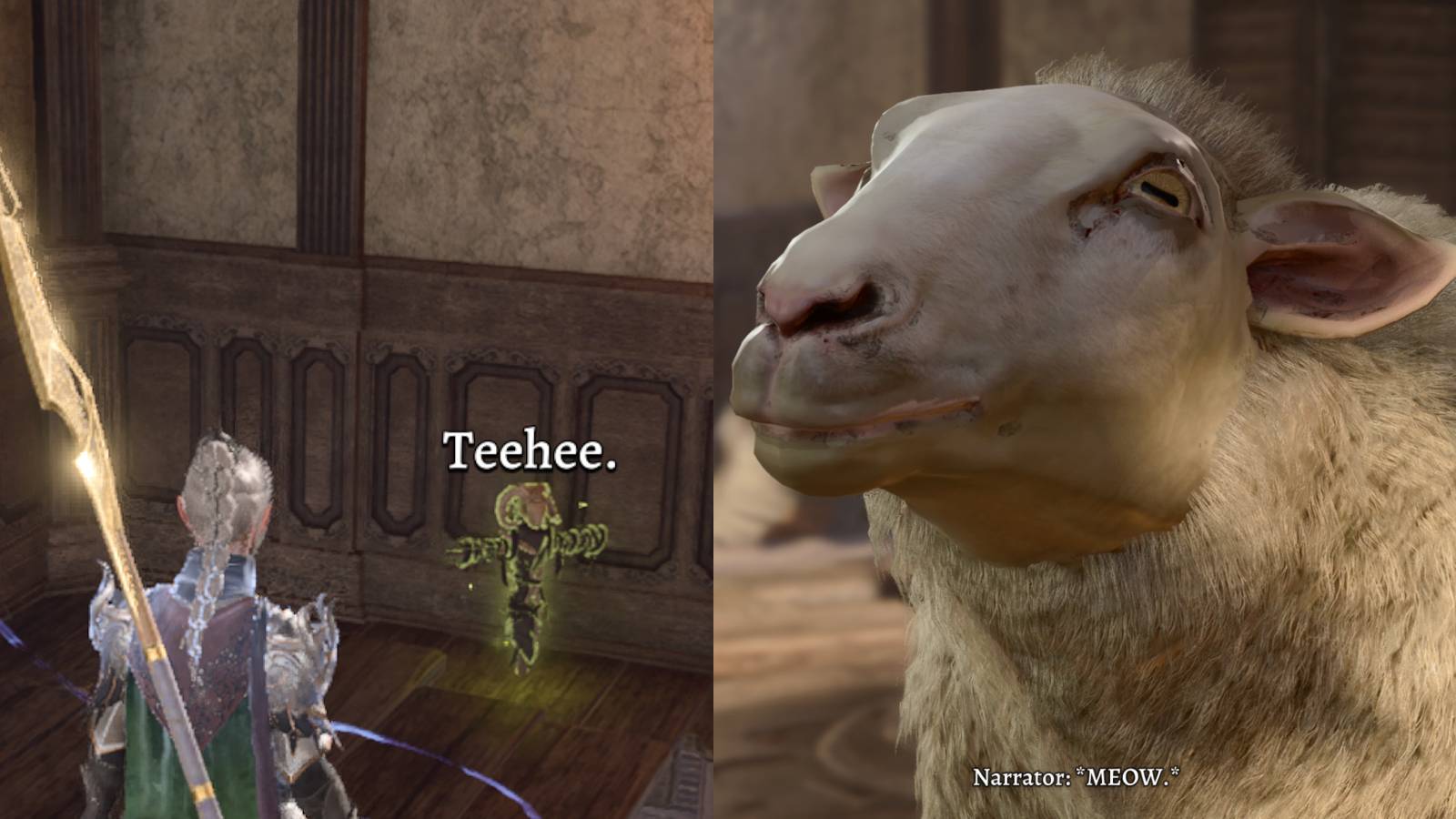 Shadowheart sees the strange laughing doll. On the right side of the image a sheep meows like a cat. 