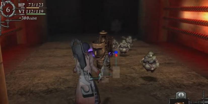 Baroque protagonist confronted by enemies in dungeon