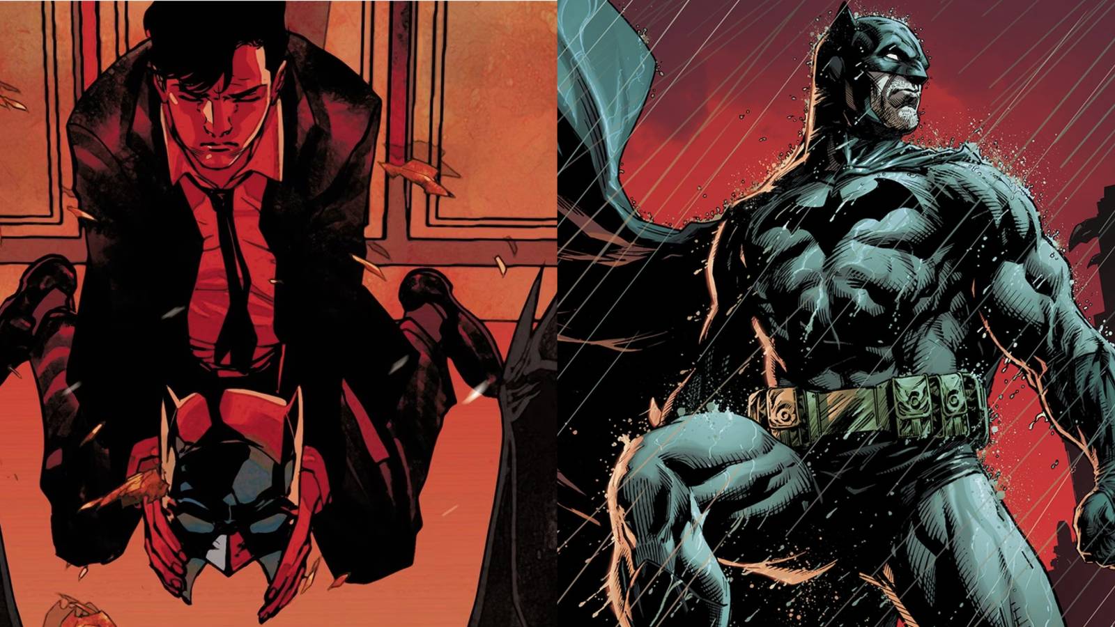 Bruce Wayne with the cowl and Batman