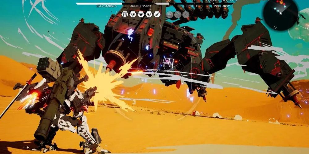 Battle against a boss in Daemon X Machina.