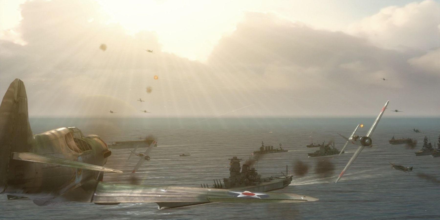 A plane flying towards a naval battle