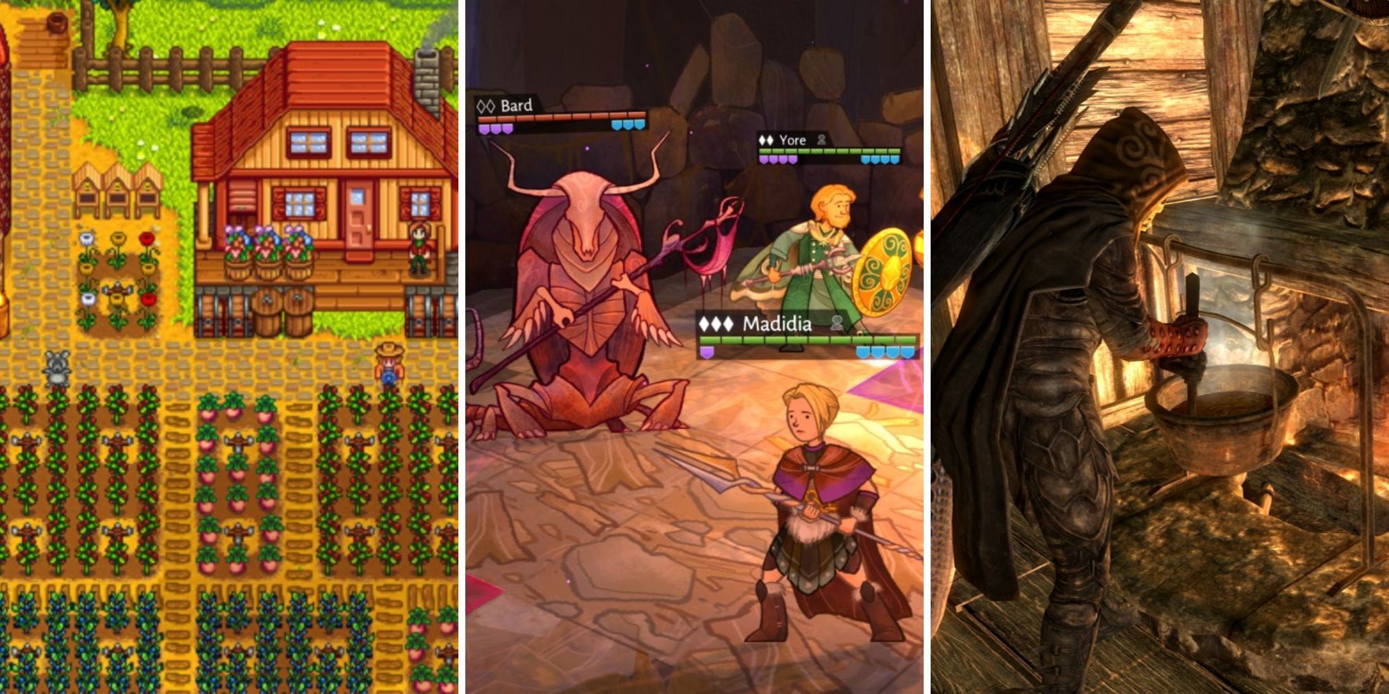 A grid showing the cozy RPGS Stardew Valley, Wildermyth, and Skyrim