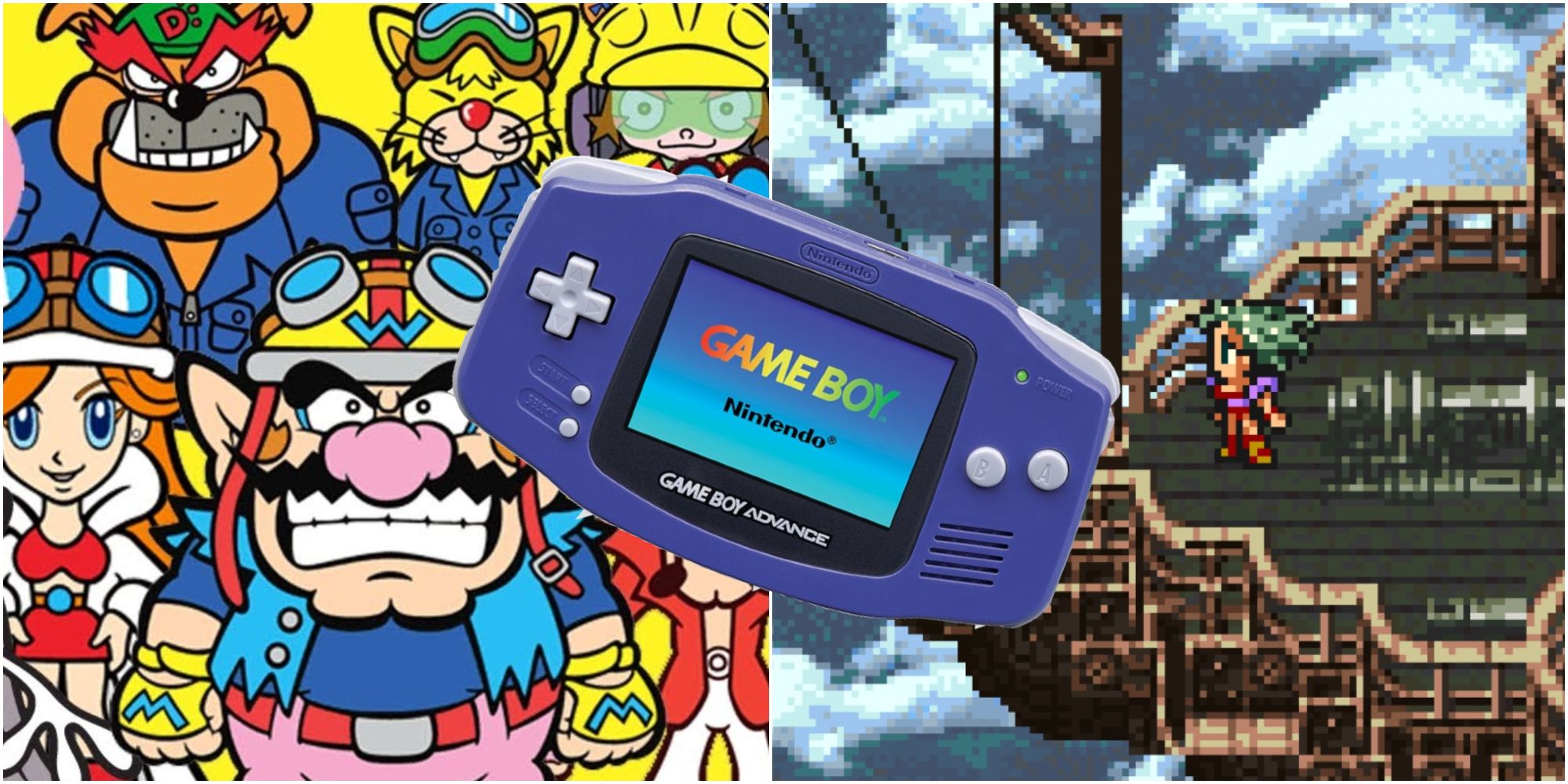 WarioWare and Final Fantasy 6 images with a Game Boy Advance in-between them