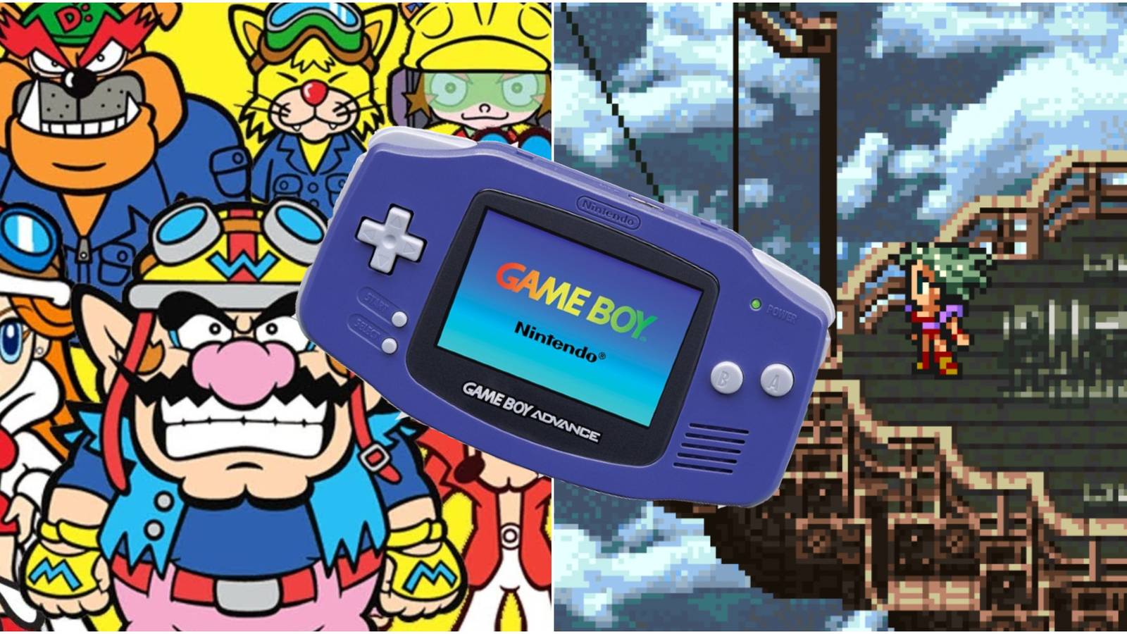 WarioWare and Final Fantasy 6 images with a Game Boy Advance in-between them