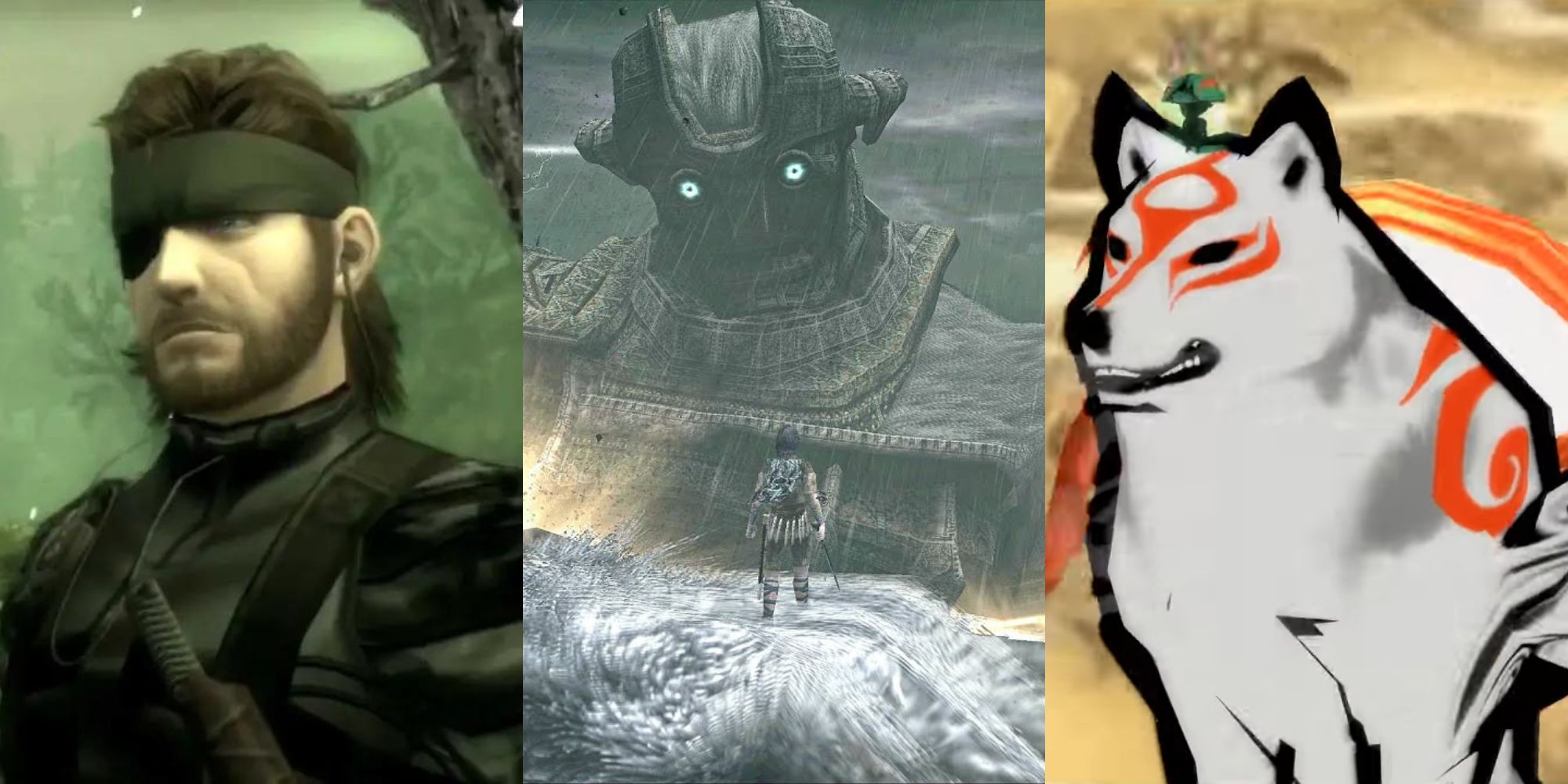 A collage featuring some of the best PS2 Games: Metal Gear Solid 3: Snake Eater, Shadow of the Colossus and Okami.
