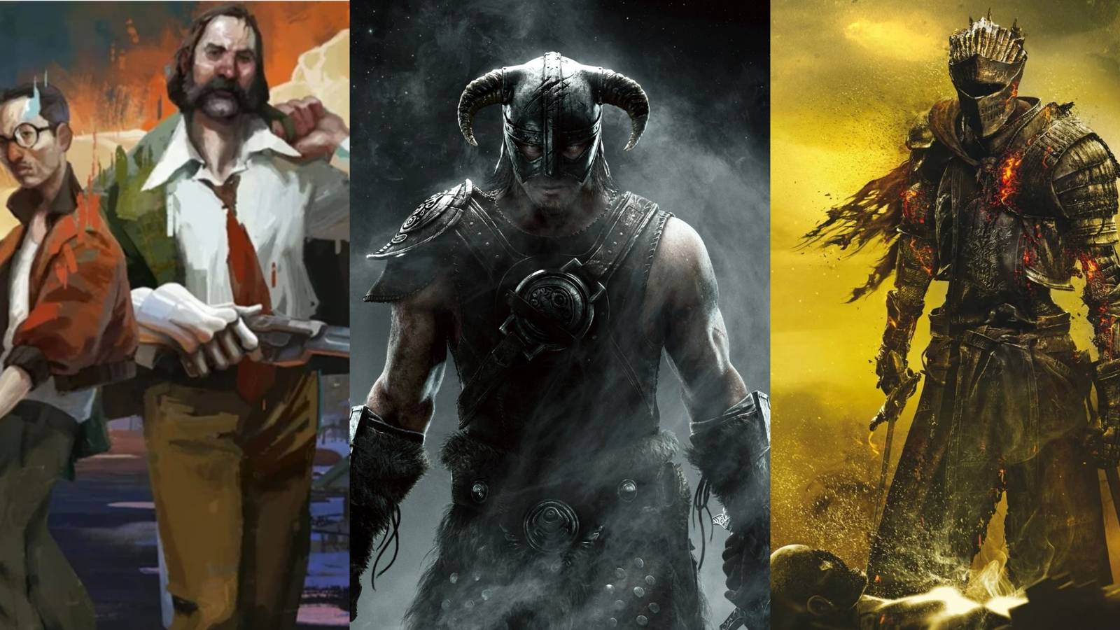 Best RPG Every Year 2010s Feature Image showing Disco Elysium, Skyrim, Dark Souls 3