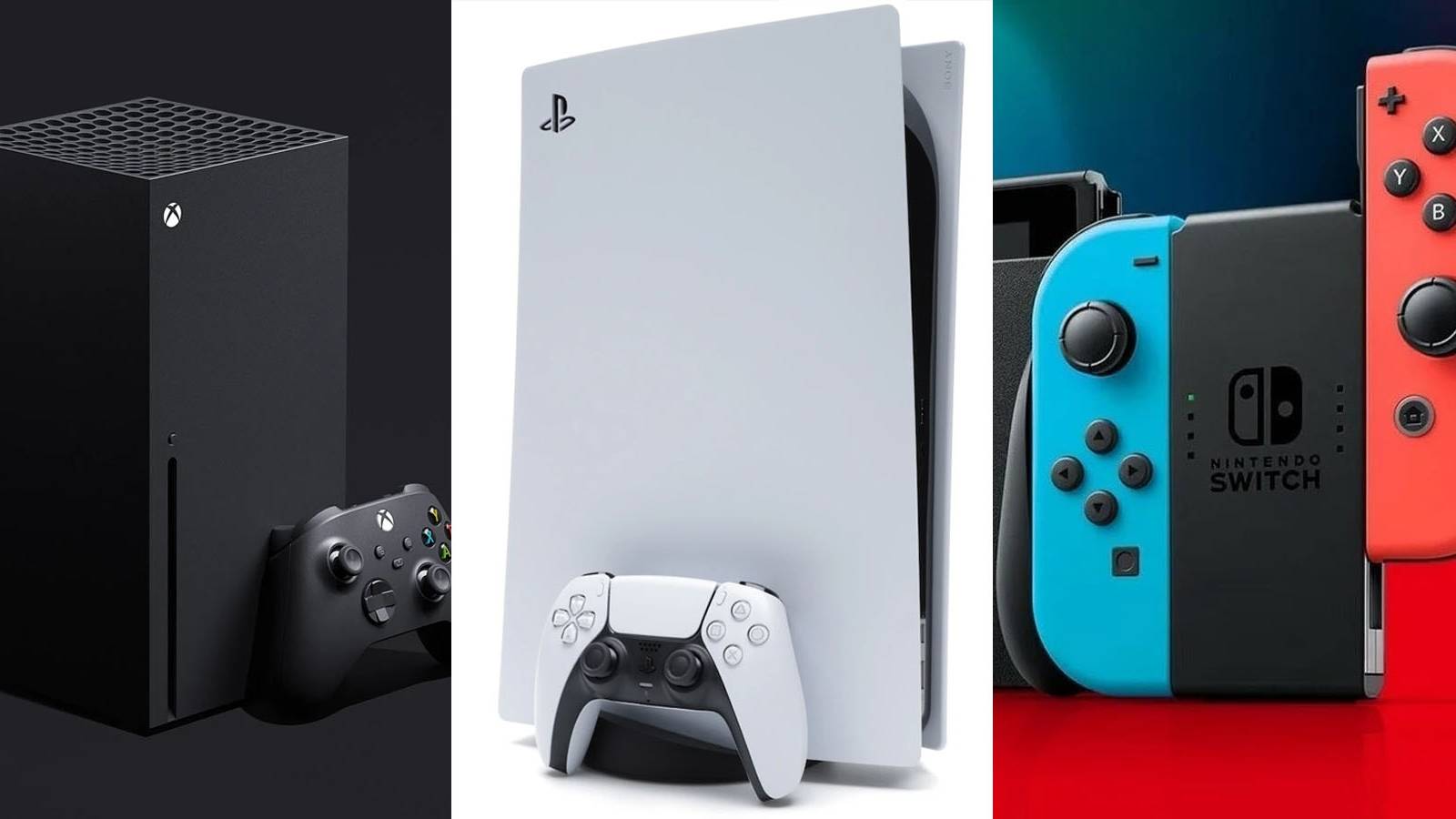 A splitscreen image of an Xbox Series X, PlayStation 5, and Nintendo Switch.