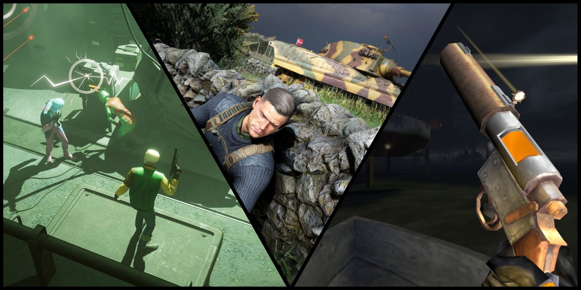 Screenshots from Deathloop, Sniper Elite 5, and Gloomwood