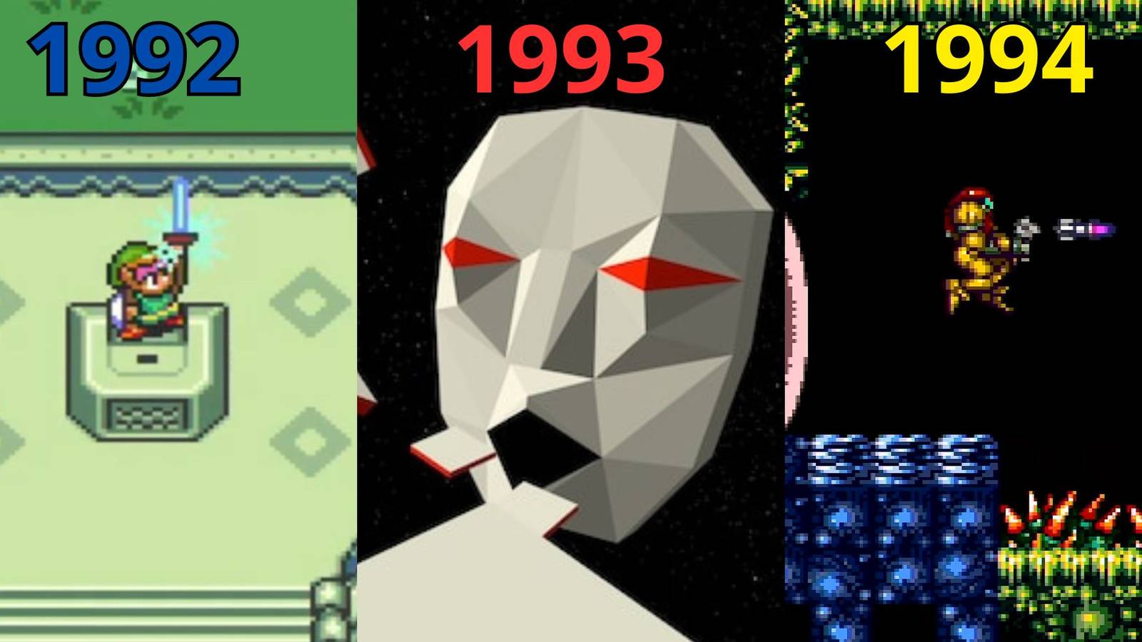 A collage of the best SNES games in 1992, 1993 and 1994: The Legend of Zelda: A Link to the Past, Star Fox and Super Metroid.