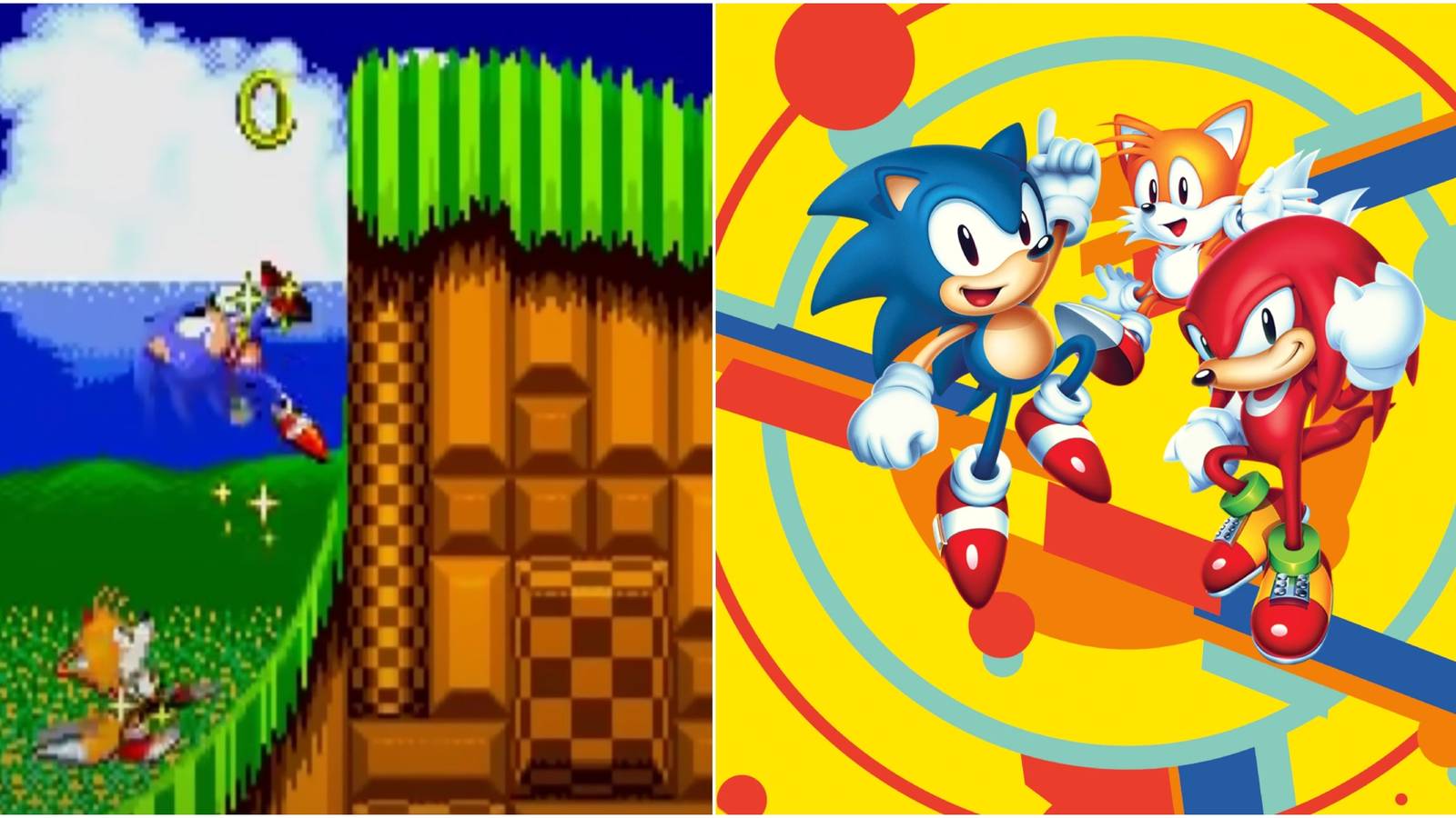 Sonic and Tails running up a hill, and Sonic, Tails, and Knuckles cheering