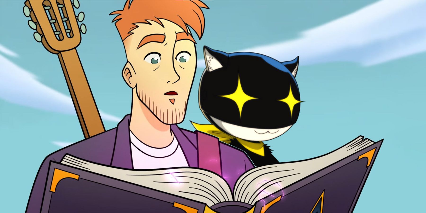 Bestiario Axis Soldado and Morgana from Persona 5 looking at magical purple book composite