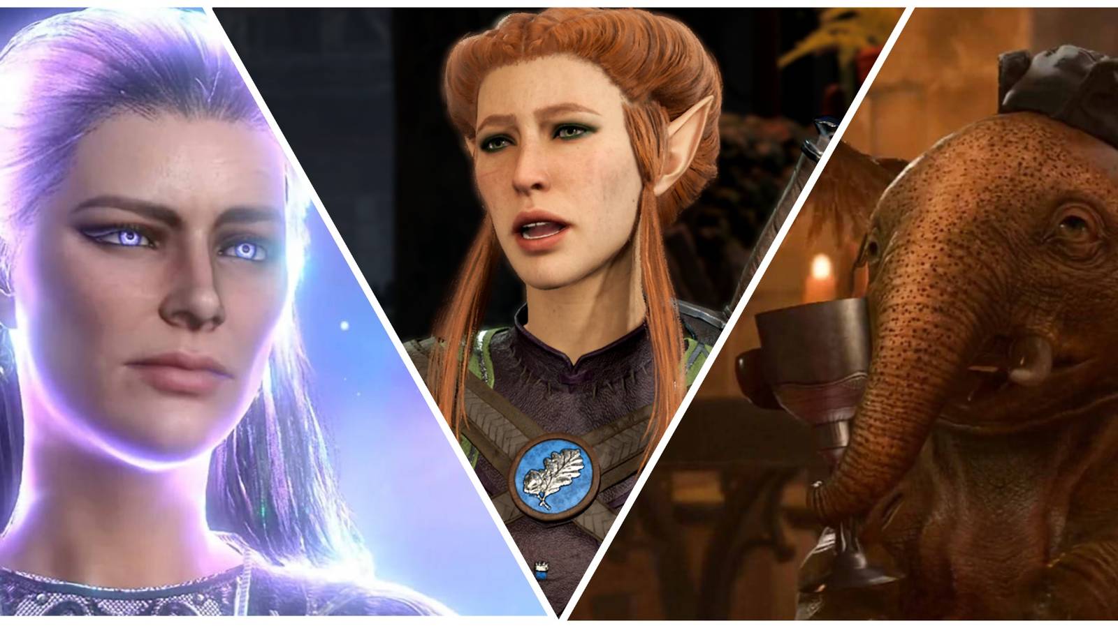 A collage featuring three Baldur's Gate 3 characters: Mystra (left), Kahga (center), and Valeria (right)