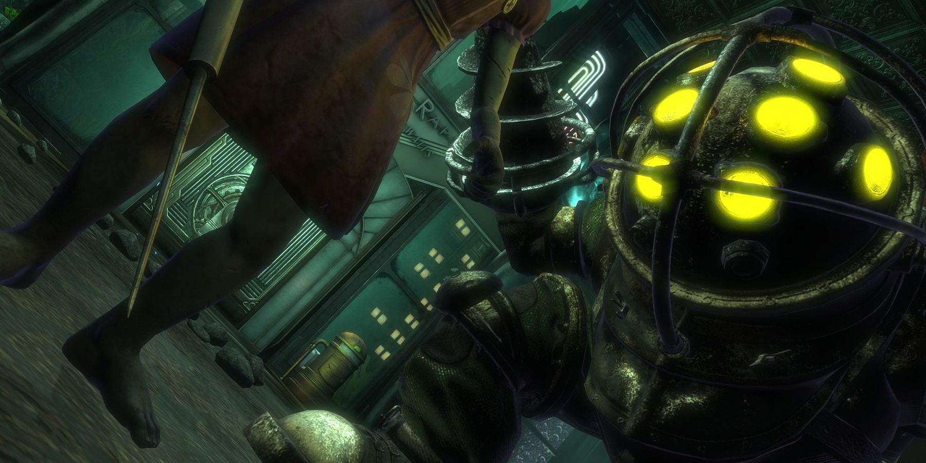 Big Daddy and Little Sister examining the player in BioShock