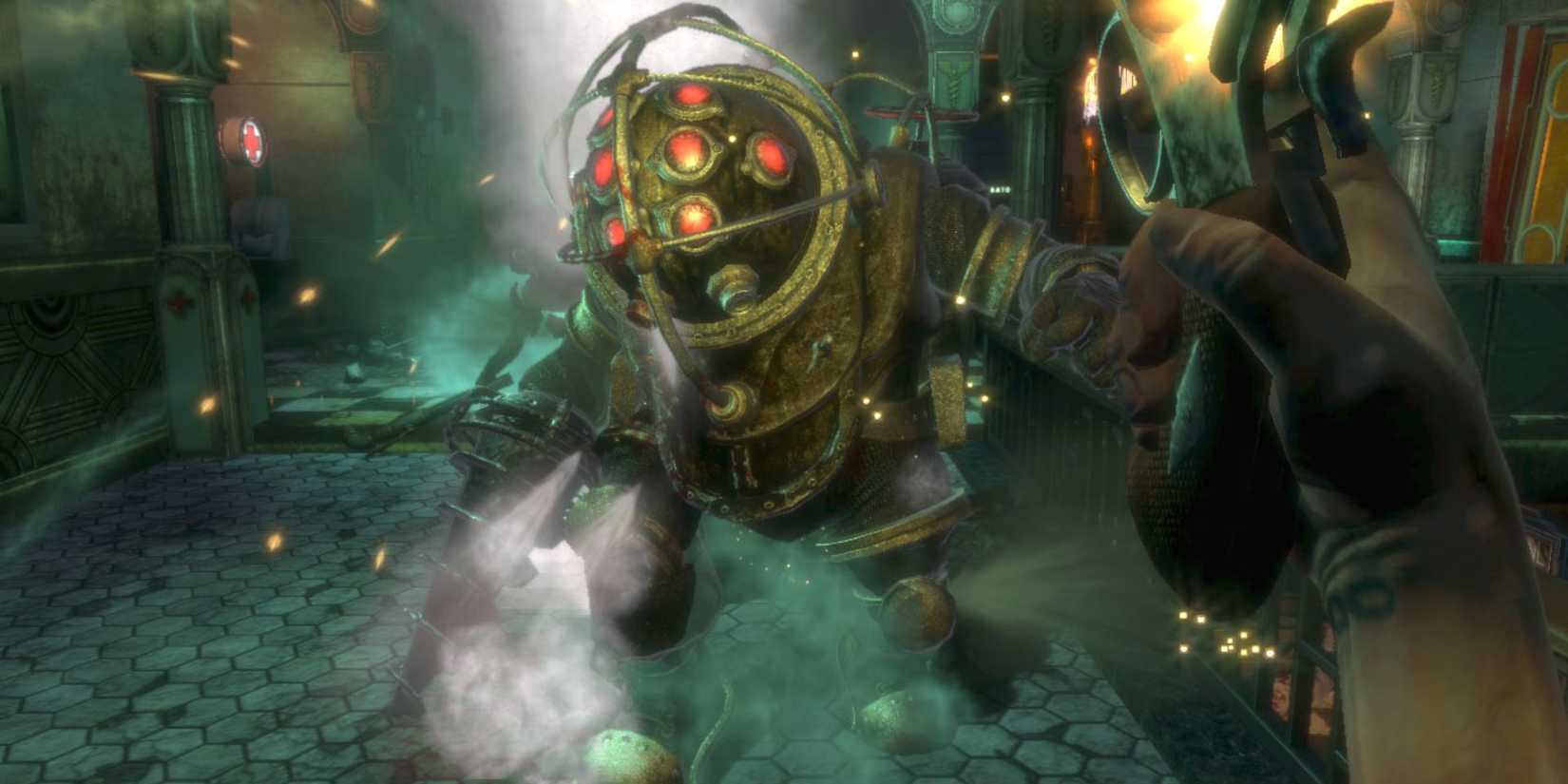 Fighting a big daddy in BioShock
