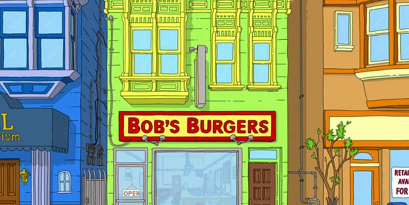 The outside of the restaurant and the street on Bob's Burgers
