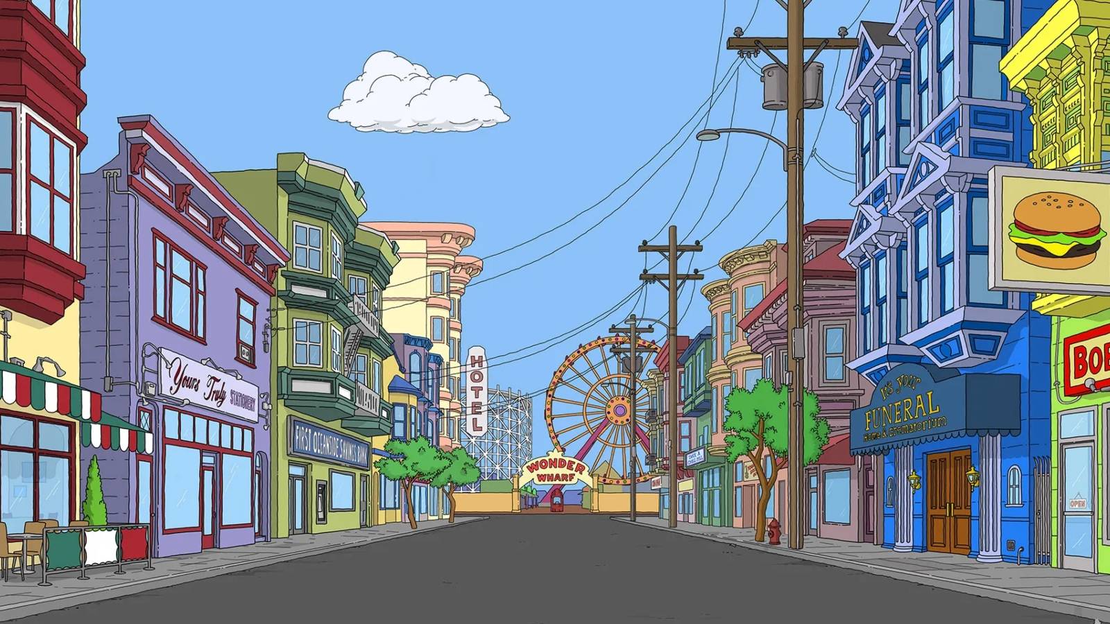 The street view of the town in Bob's Burgers