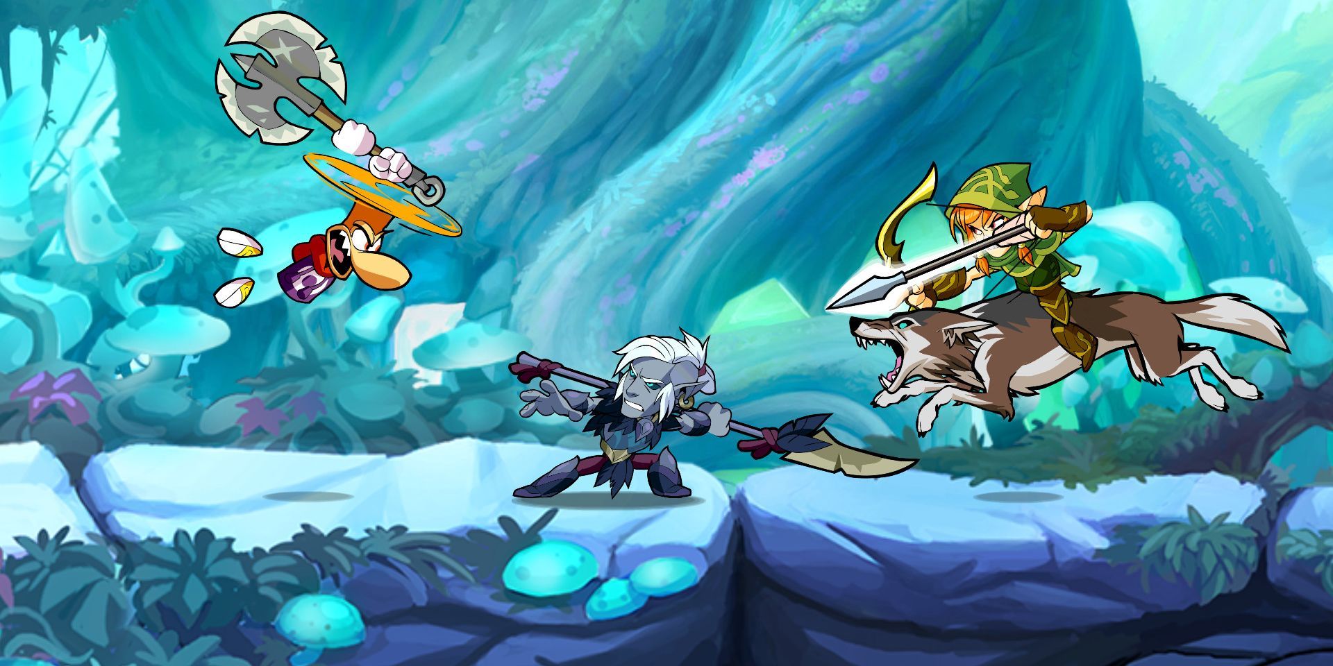 Rayman and two other characters fighting in Brawlhalla