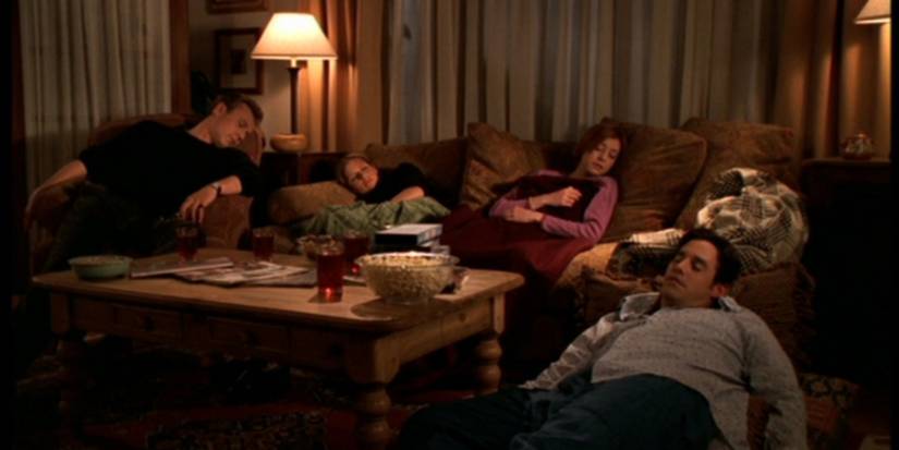 Giles, Buffy, Willow and Xander sleeping in Buffy The Vampire Slayer
