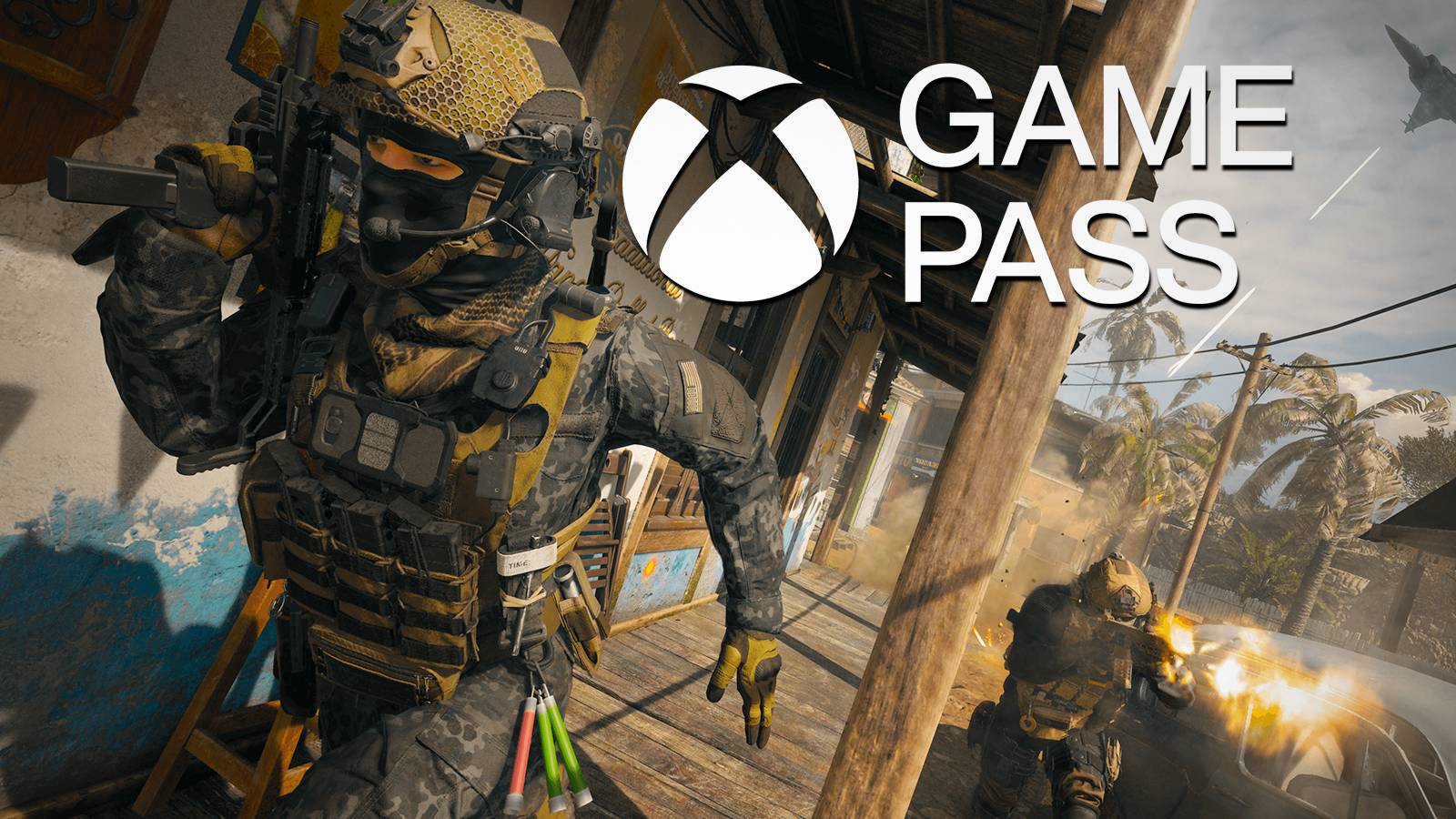 Call of Duty Modern Warfare 3 2023 operator running away from white Xbox Game Pass logo