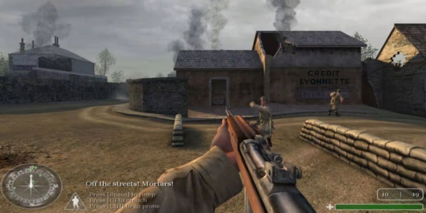 Call of Duty player holding a rifle in a war-torn village with other soldiers nearby