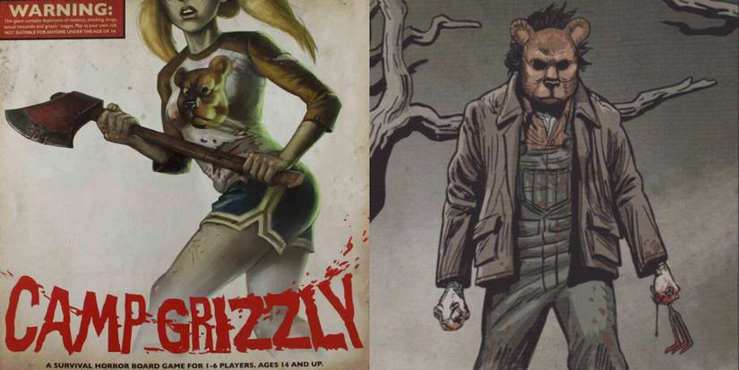Camp Grizzly board game box beside an image of Otis, the killer from the game.