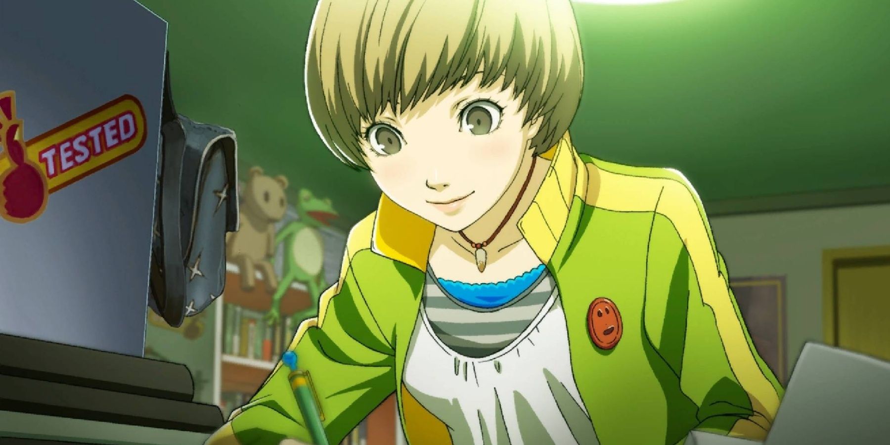 Chie from Persona 4 sitting at a desk