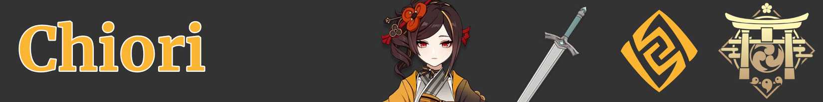 an image strip with icons representing chiori's weapon, element, and region - sword geo inazuma