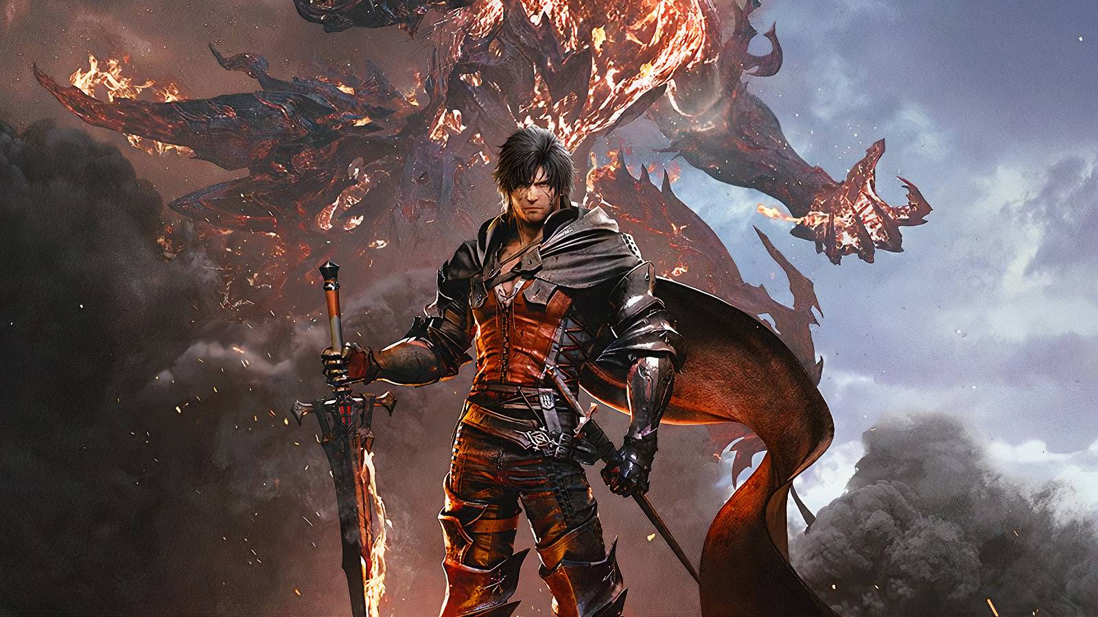 Clive Rosfield from Final Fantasy 16 standing with a sword and Ifrit in the background