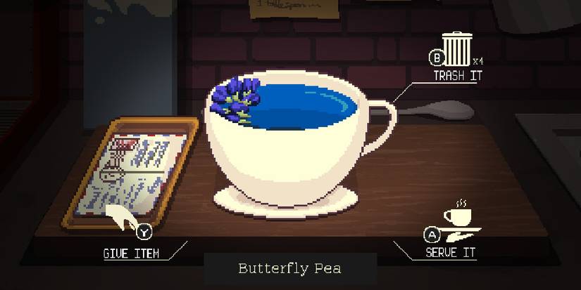 A cup of Butterfly Pea tea from Coffee Talk: Episode 2.