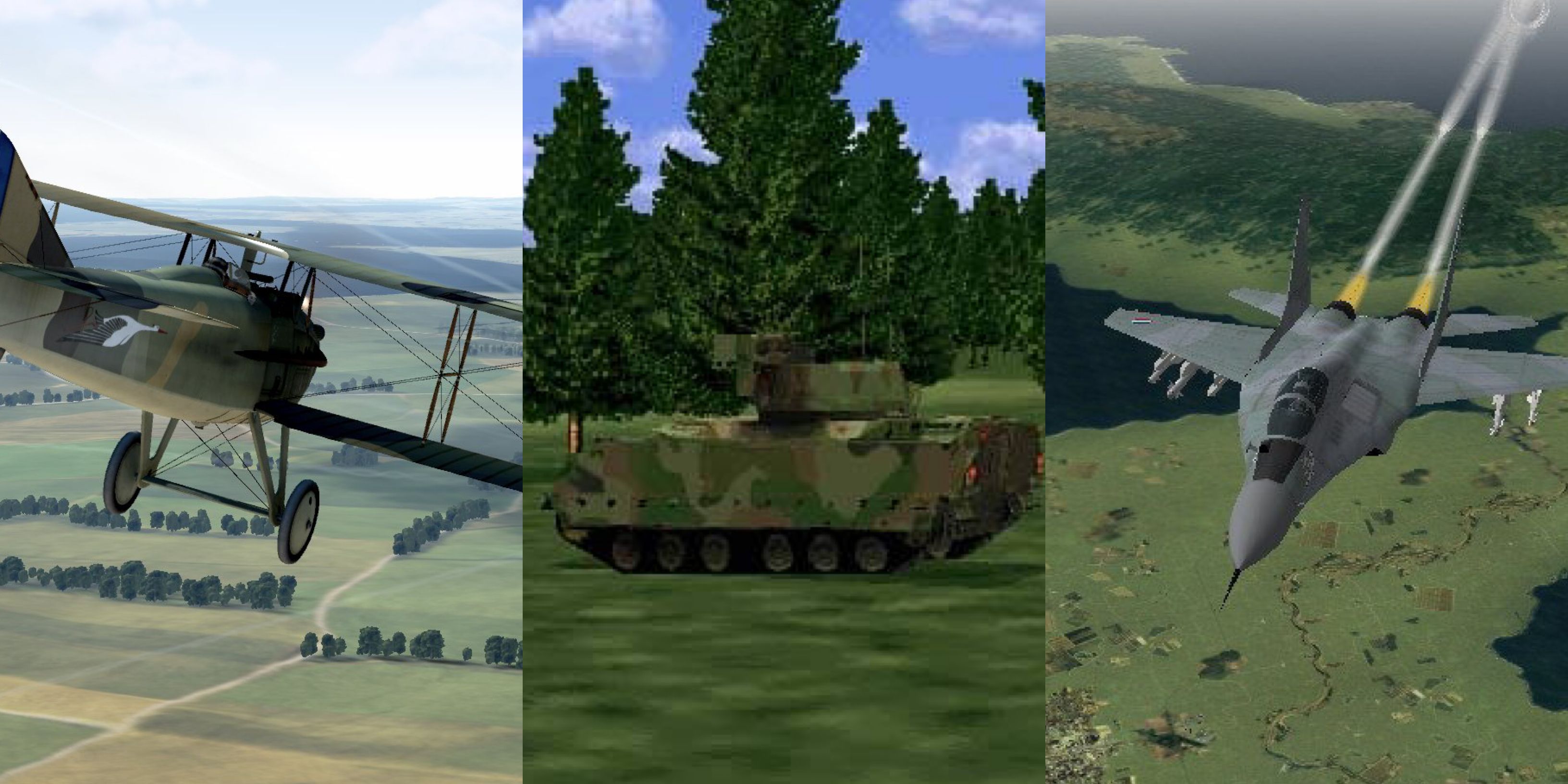 Simulators with great combat: Rise of Flight: The First Great Air War (left), Steel Beasts (middle), and Falcon 4.0: Allied Force