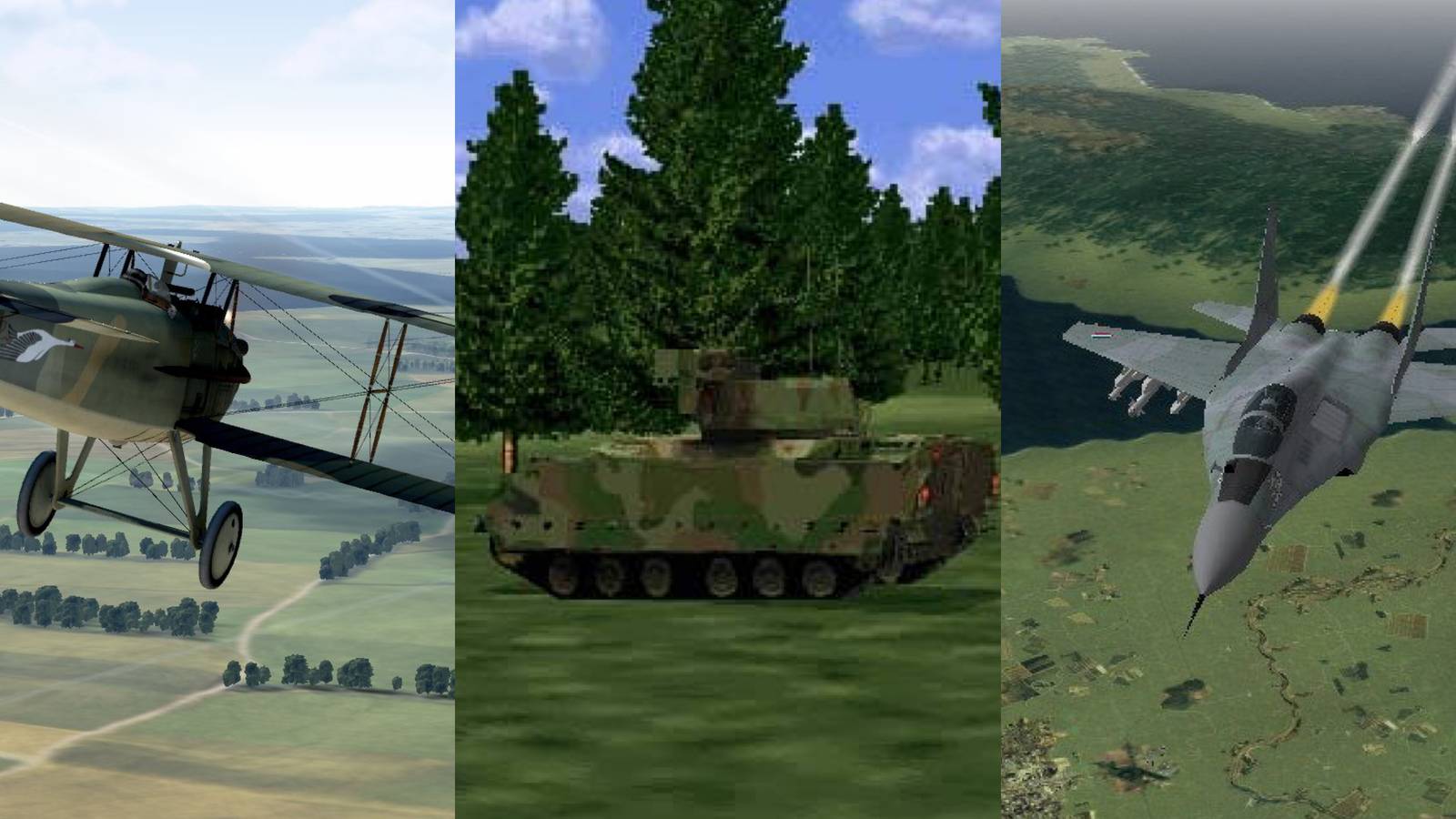 Simulators with great combat: Rise of Flight: The First Great Air War (left), Steel Beasts (middle), and Falcon 4.0: Allied Force