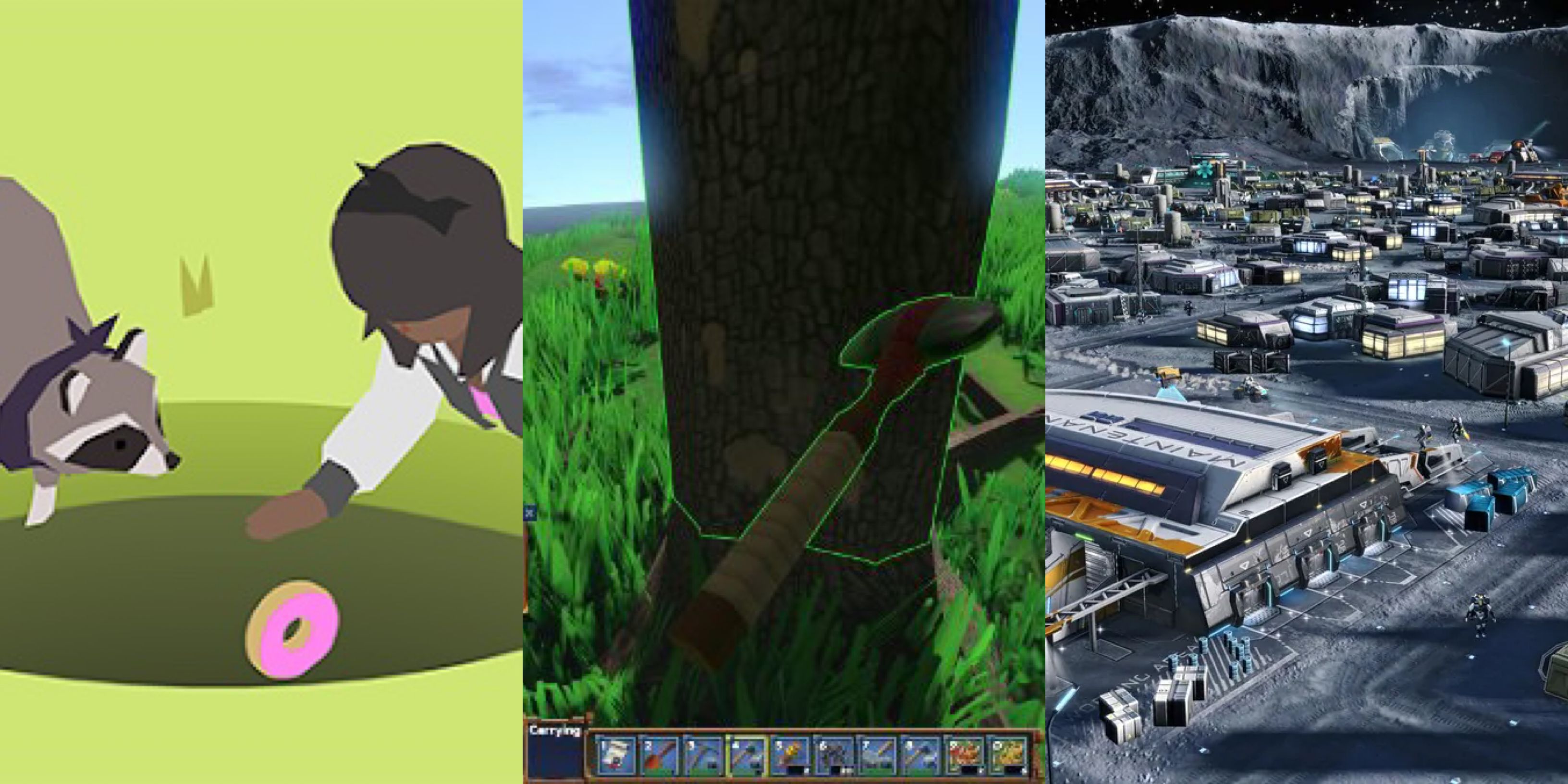 Games about saving the planet: Donut County (left), Eco (middle), and Anno 2205 (right)