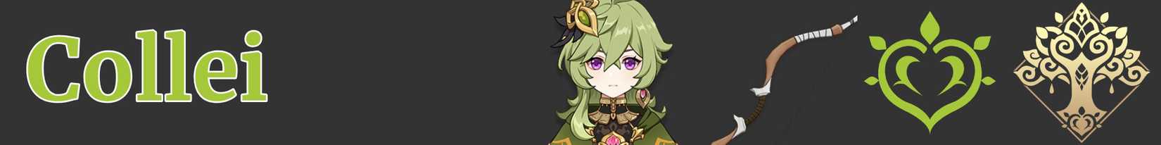 a narrow image strip with icons representing collei's weapon, element, and region - bow dendro sumeru