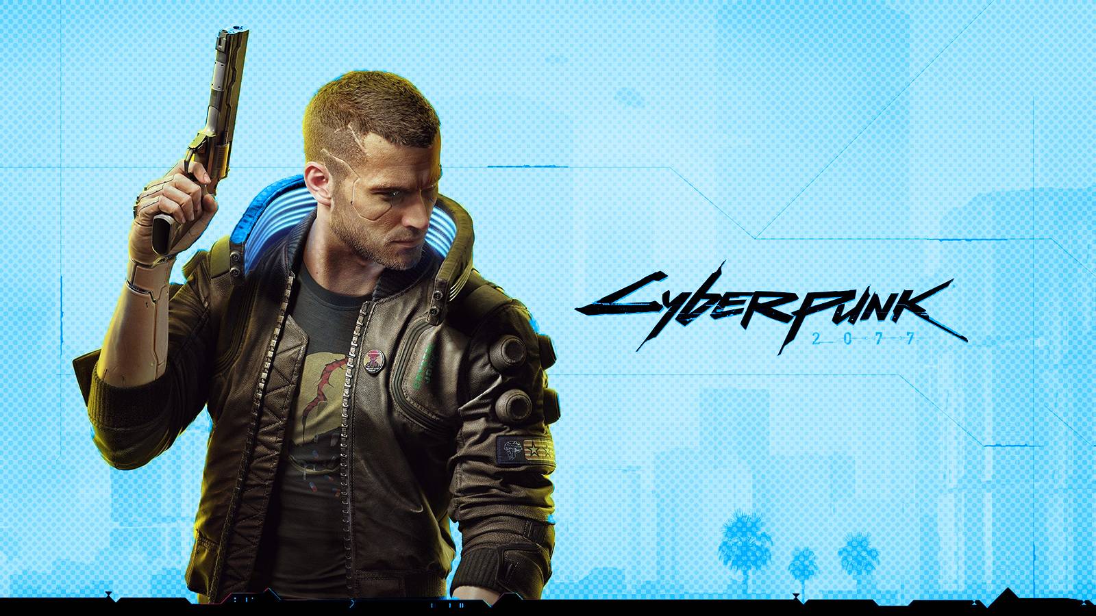 Cyberpunk 2077 male V promo screenshot light turquoise dot halftone edit