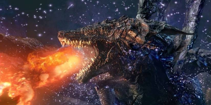 Dark Souls 3 Darkeater Midir breathing fire at something off-screen